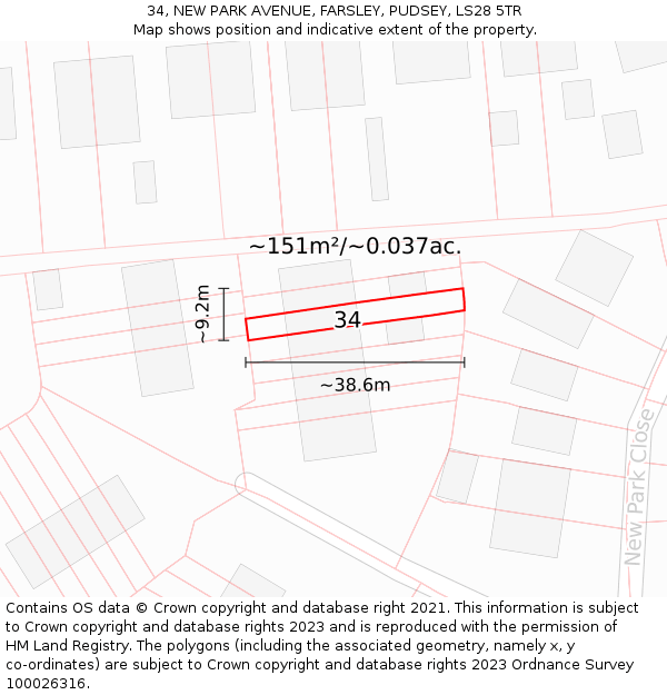 34, NEW PARK AVENUE, FARSLEY, PUDSEY, LS28 5TR: Plot and title map