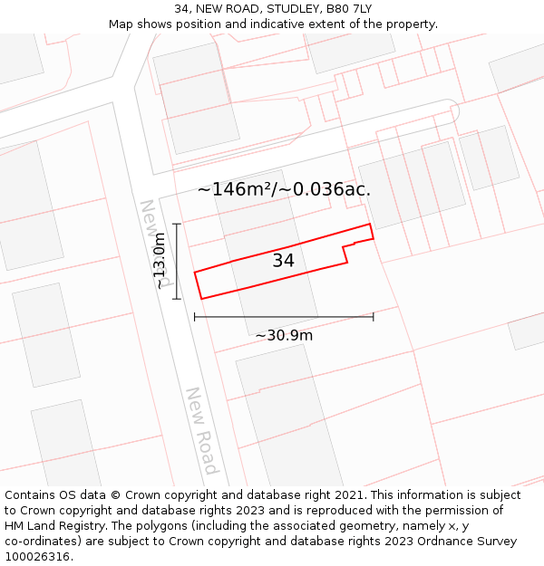 34, NEW ROAD, STUDLEY, B80 7LY: Plot and title map