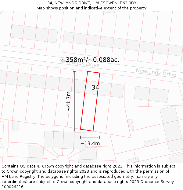 34, NEWLANDS DRIVE, HALESOWEN, B62 9DY: Plot and title map