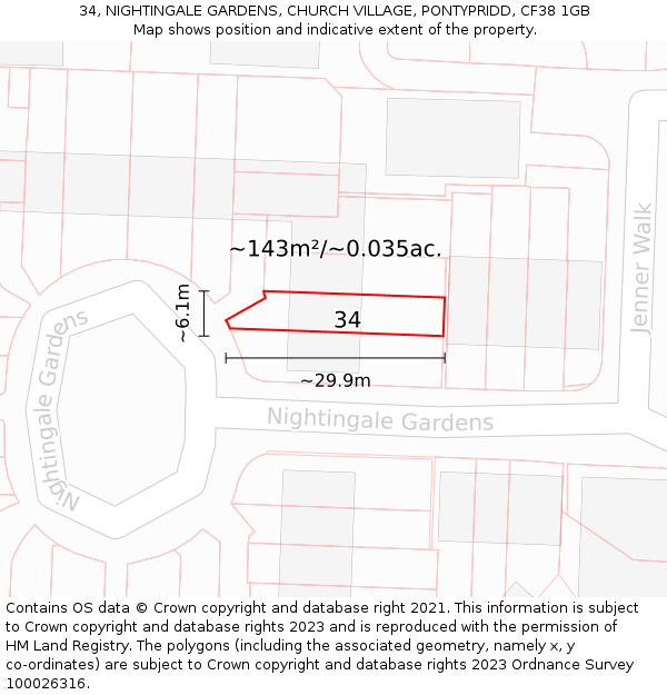 34, NIGHTINGALE GARDENS, CHURCH VILLAGE, PONTYPRIDD, CF38 1GB: Plot and title map