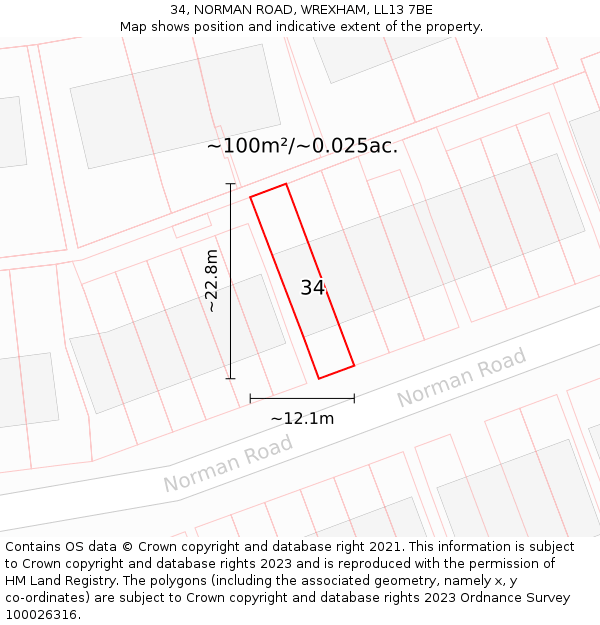 34, NORMAN ROAD, WREXHAM, LL13 7BE: Plot and title map