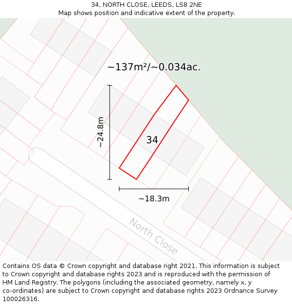 34, NORTH CLOSE, LEEDS, LS8 2NE: Plot and title map