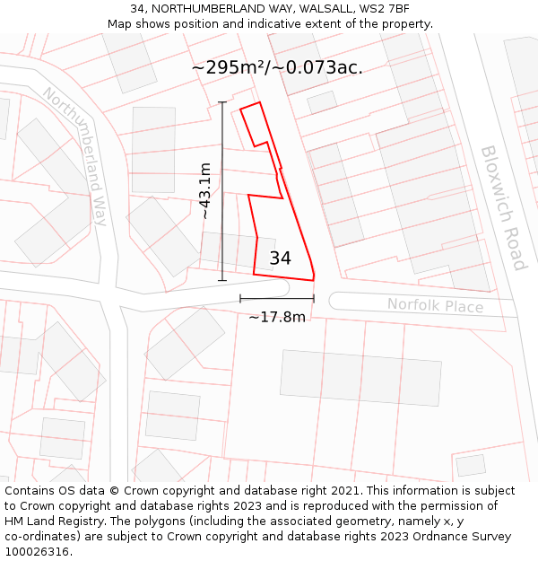 34, NORTHUMBERLAND WAY, WALSALL, WS2 7BF: Plot and title map