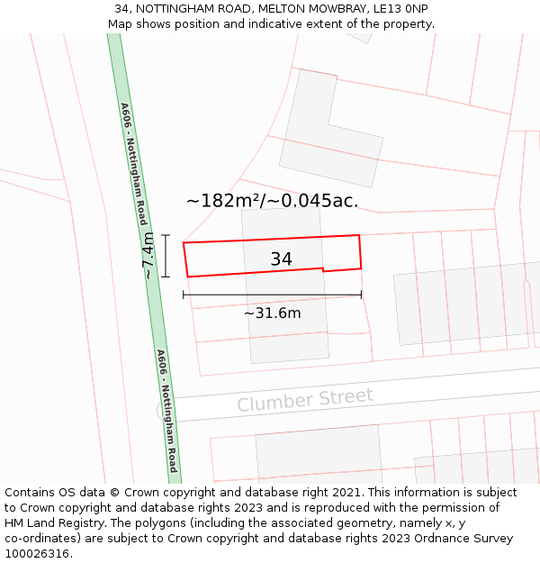 34, NOTTINGHAM ROAD, MELTON MOWBRAY, LE13 0NP: Plot and title map