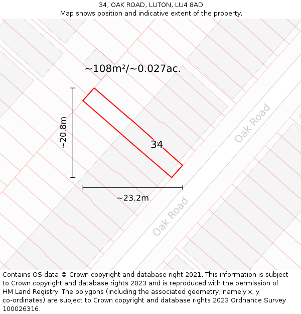 34, OAK ROAD, LUTON, LU4 8AD: Plot and title map