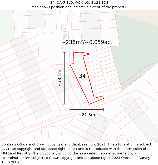 34, OAKFIELD, WOKING, GU21 3QS: Plot and title map