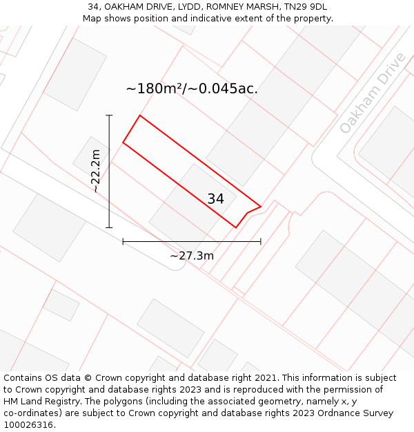 34, OAKHAM DRIVE, LYDD, ROMNEY MARSH, TN29 9DL: Plot and title map