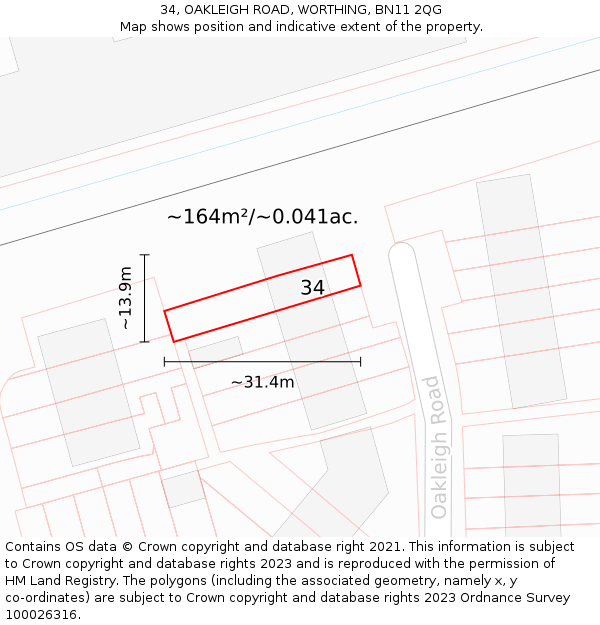 34, OAKLEIGH ROAD, WORTHING, BN11 2QG: Plot and title map