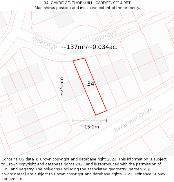 34, OAKRIDGE, THORNHILL, CARDIFF, CF14 9BT: Plot and title map