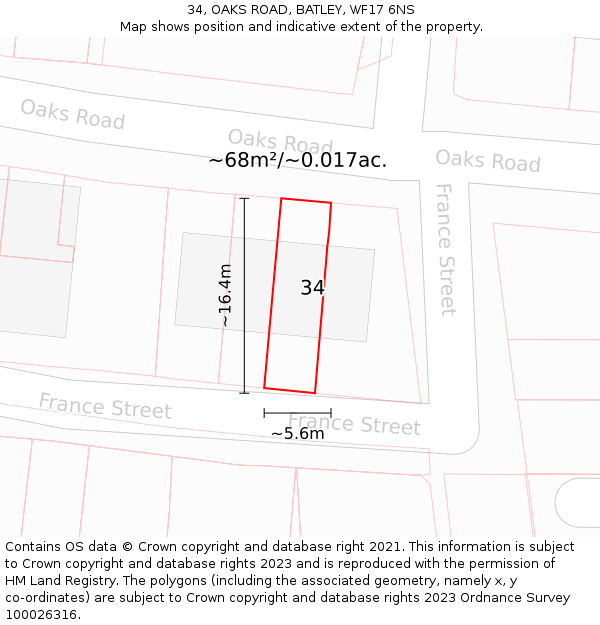 34, OAKS ROAD, BATLEY, WF17 6NS: Plot and title map