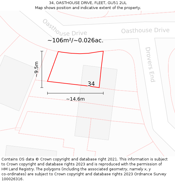 34, OASTHOUSE DRIVE, FLEET, GU51 2UL: Plot and title map