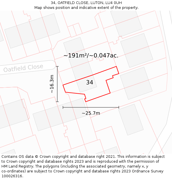 34, OATFIELD CLOSE, LUTON, LU4 0UH: Plot and title map