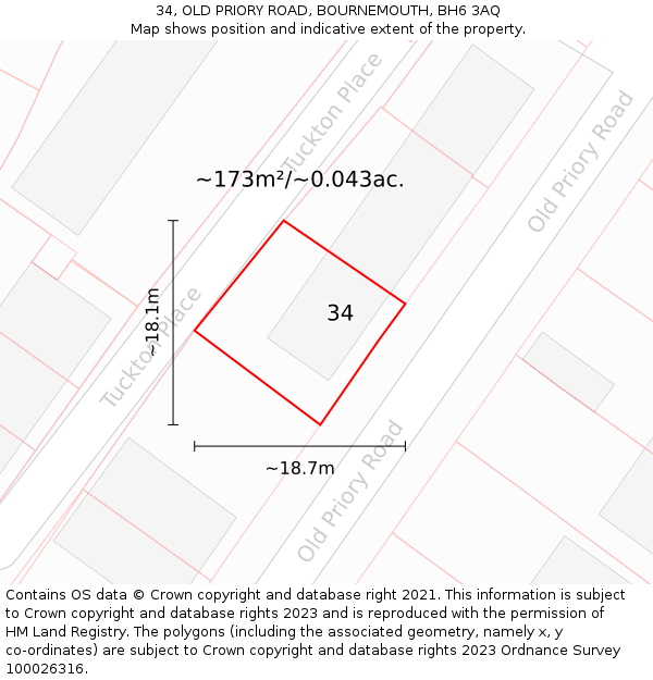 34, OLD PRIORY ROAD, BOURNEMOUTH, BH6 3AQ: Plot and title map