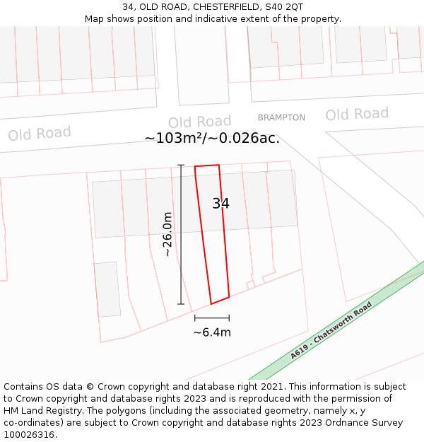 34, OLD ROAD, CHESTERFIELD, S40 2QT: Plot and title map