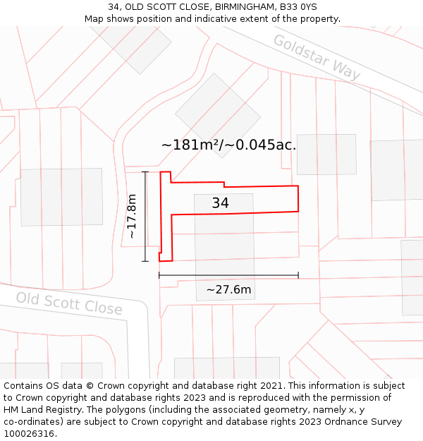 34, OLD SCOTT CLOSE, BIRMINGHAM, B33 0YS: Plot and title map