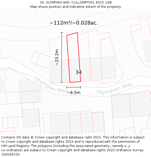 34, OLYMPIAN WAY, CULLOMPTON, EX15 1GB: Plot and title map