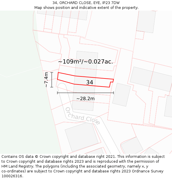 34, ORCHARD CLOSE, EYE, IP23 7DW: Plot and title map