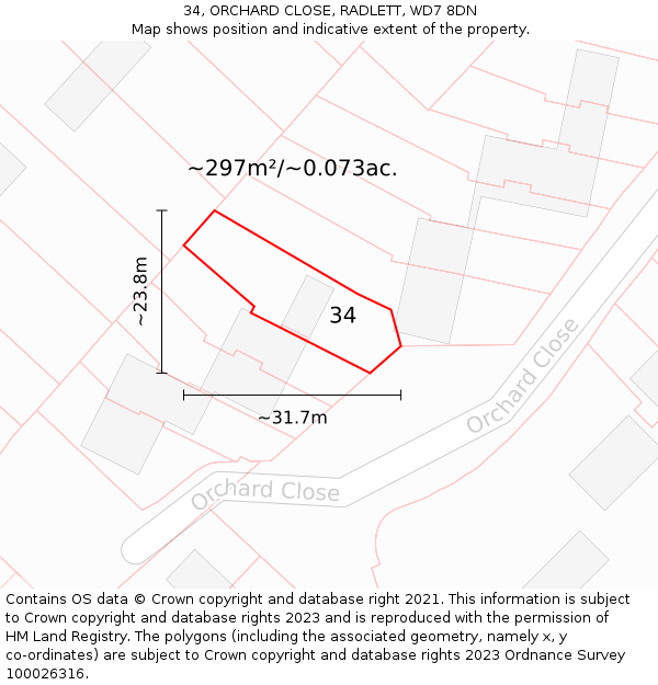 34, ORCHARD CLOSE, RADLETT, WD7 8DN: Plot and title map