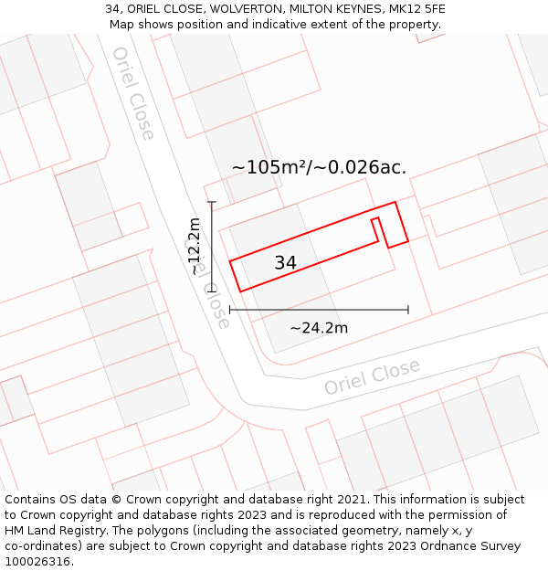 34, ORIEL CLOSE, WOLVERTON, MILTON KEYNES, MK12 5FE: Plot and title map