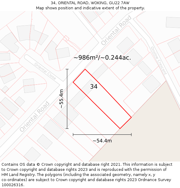34, ORIENTAL ROAD, WOKING, GU22 7AW: Plot and title map