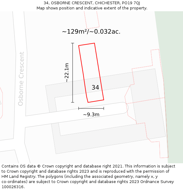 34, OSBORNE CRESCENT, CHICHESTER, PO19 7QJ: Plot and title map
