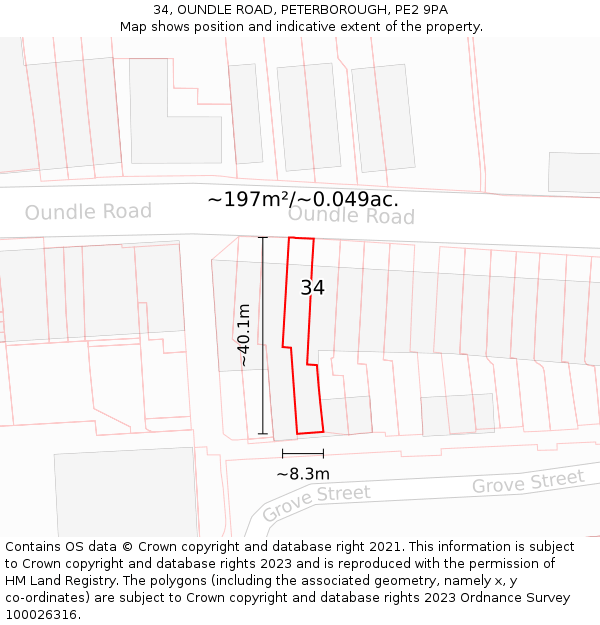 34, OUNDLE ROAD, PETERBOROUGH, PE2 9PA: Plot and title map