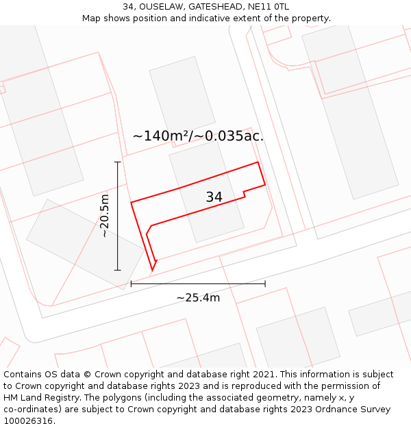 34, OUSELAW, GATESHEAD, NE11 0TL: Plot and title map