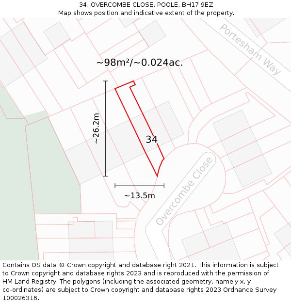 34, OVERCOMBE CLOSE, POOLE, BH17 9EZ: Plot and title map