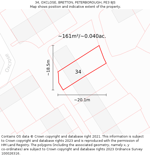 34, OXCLOSE, BRETTON, PETERBOROUGH, PE3 8JS: Plot and title map
