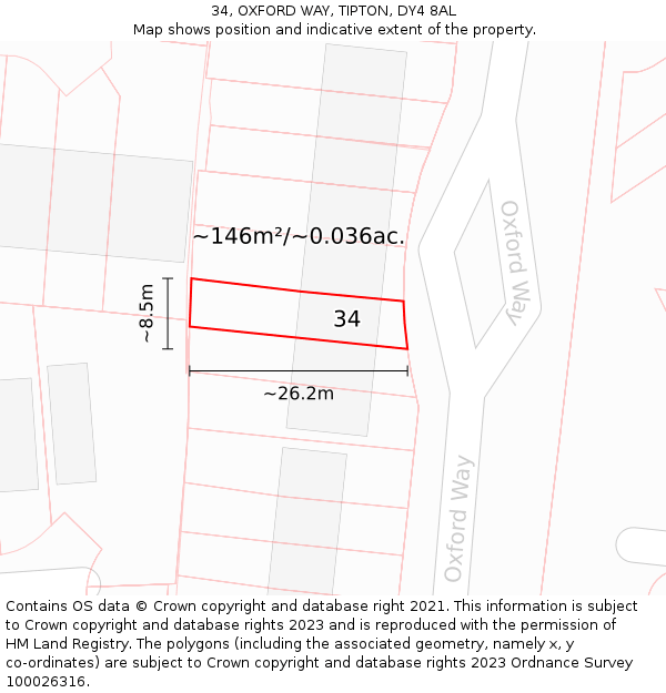 34, OXFORD WAY, TIPTON, DY4 8AL: Plot and title map