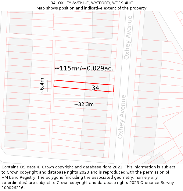 34, OXHEY AVENUE, WATFORD, WD19 4HG: Plot and title map
