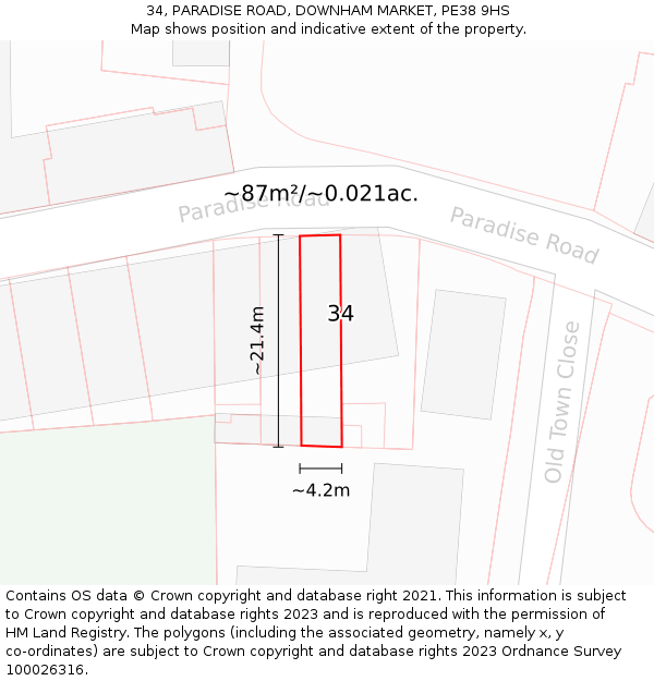 34, PARADISE ROAD, DOWNHAM MARKET, PE38 9HS: Plot and title map