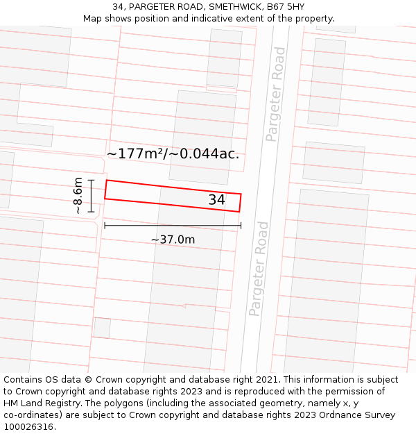 34, PARGETER ROAD, SMETHWICK, B67 5HY: Plot and title map