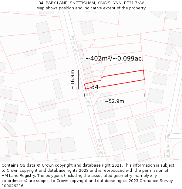 34, PARK LANE, SNETTISHAM, KING'S LYNN, PE31 7NW: Plot and title map