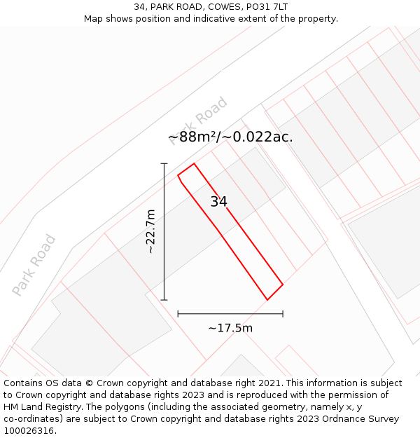 34, PARK ROAD, COWES, PO31 7LT: Plot and title map