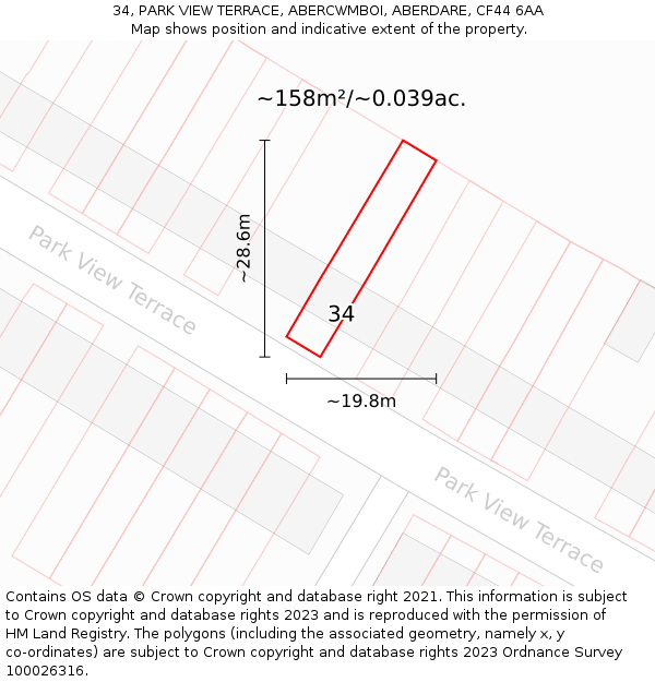 34, PARK VIEW TERRACE, ABERCWMBOI, ABERDARE, CF44 6AA: Plot and title map
