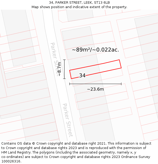 34, PARKER STREET, LEEK, ST13 6LB: Plot and title map