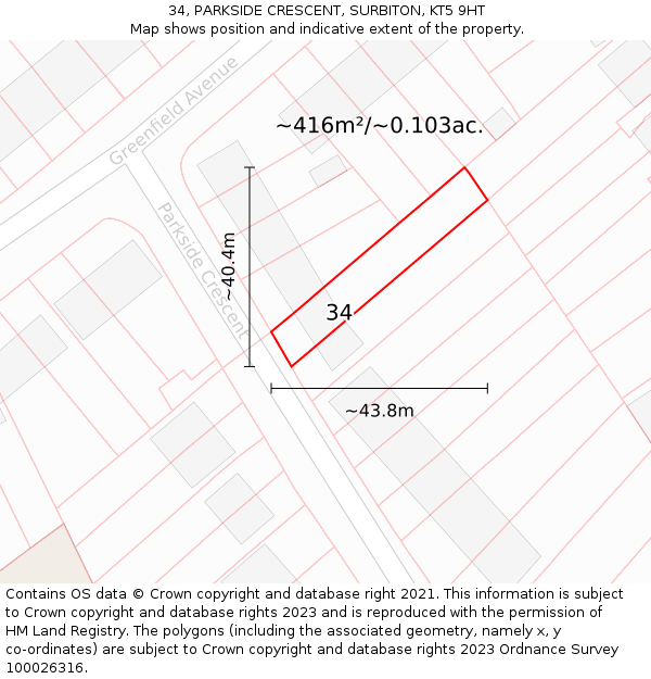 34, PARKSIDE CRESCENT, SURBITON, KT5 9HT: Plot and title map