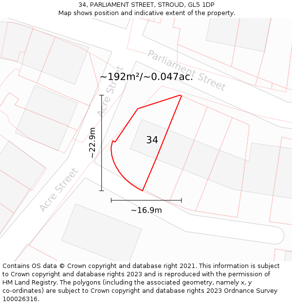 34, PARLIAMENT STREET, STROUD, GL5 1DP: Plot and title map