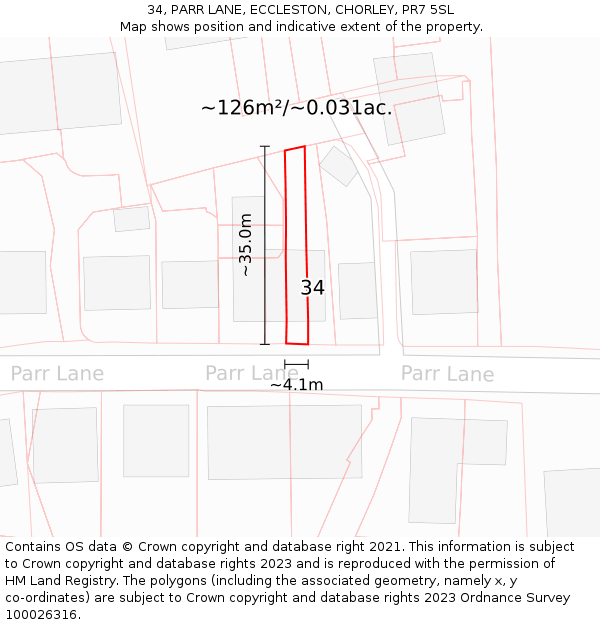 34, PARR LANE, ECCLESTON, CHORLEY, PR7 5SL: Plot and title map