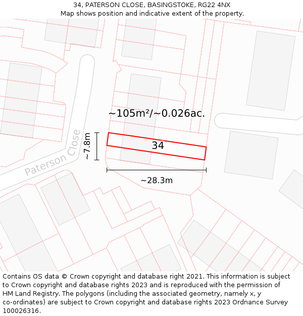 34, PATERSON CLOSE, BASINGSTOKE, RG22 4NX: Plot and title map