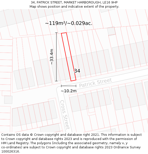 34, PATRICK STREET, MARKET HARBOROUGH, LE16 9HP: Plot and title map