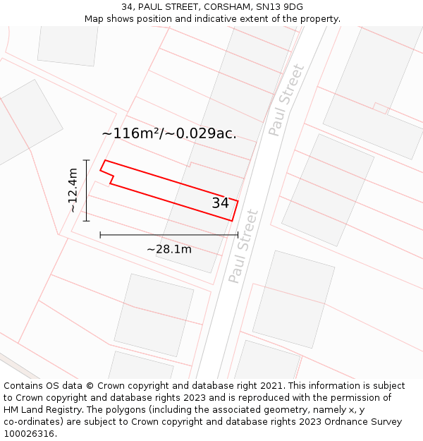 34, PAUL STREET, CORSHAM, SN13 9DG: Plot and title map