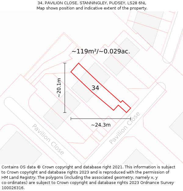 34, PAVILION CLOSE, STANNINGLEY, PUDSEY, LS28 6NL: Plot and title map