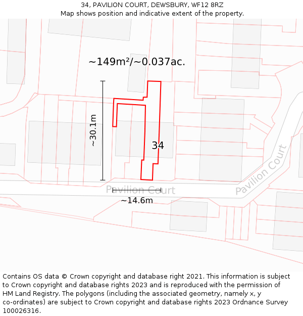 34, PAVILION COURT, DEWSBURY, WF12 8RZ: Plot and title map