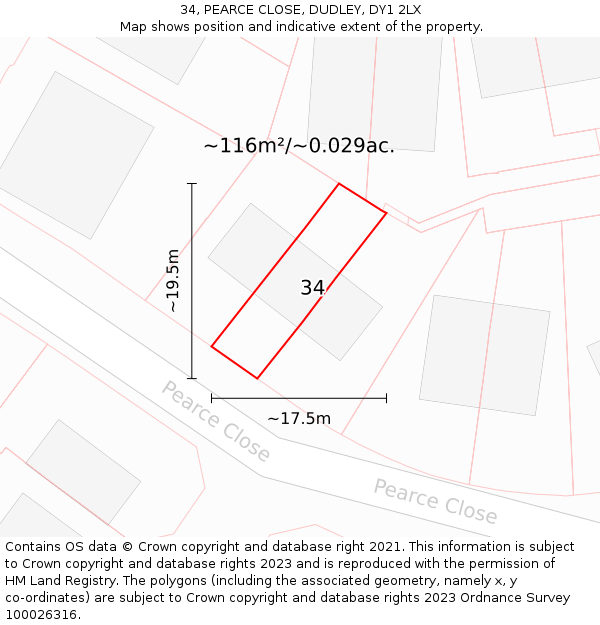 34, PEARCE CLOSE, DUDLEY, DY1 2LX: Plot and title map