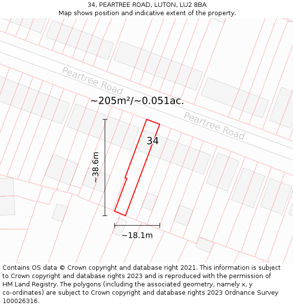 34, PEARTREE ROAD, LUTON, LU2 8BA: Plot and title map
