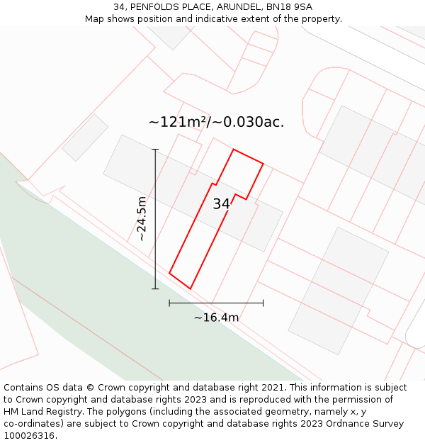 34, PENFOLDS PLACE, ARUNDEL, BN18 9SA: Plot and title map