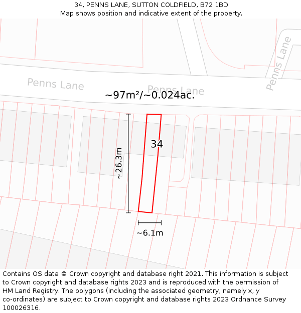 34, PENNS LANE, SUTTON COLDFIELD, B72 1BD: Plot and title map