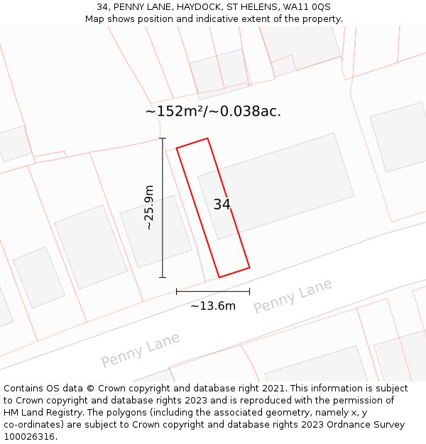 34, PENNY LANE, HAYDOCK, ST HELENS, WA11 0QS: Plot and title map